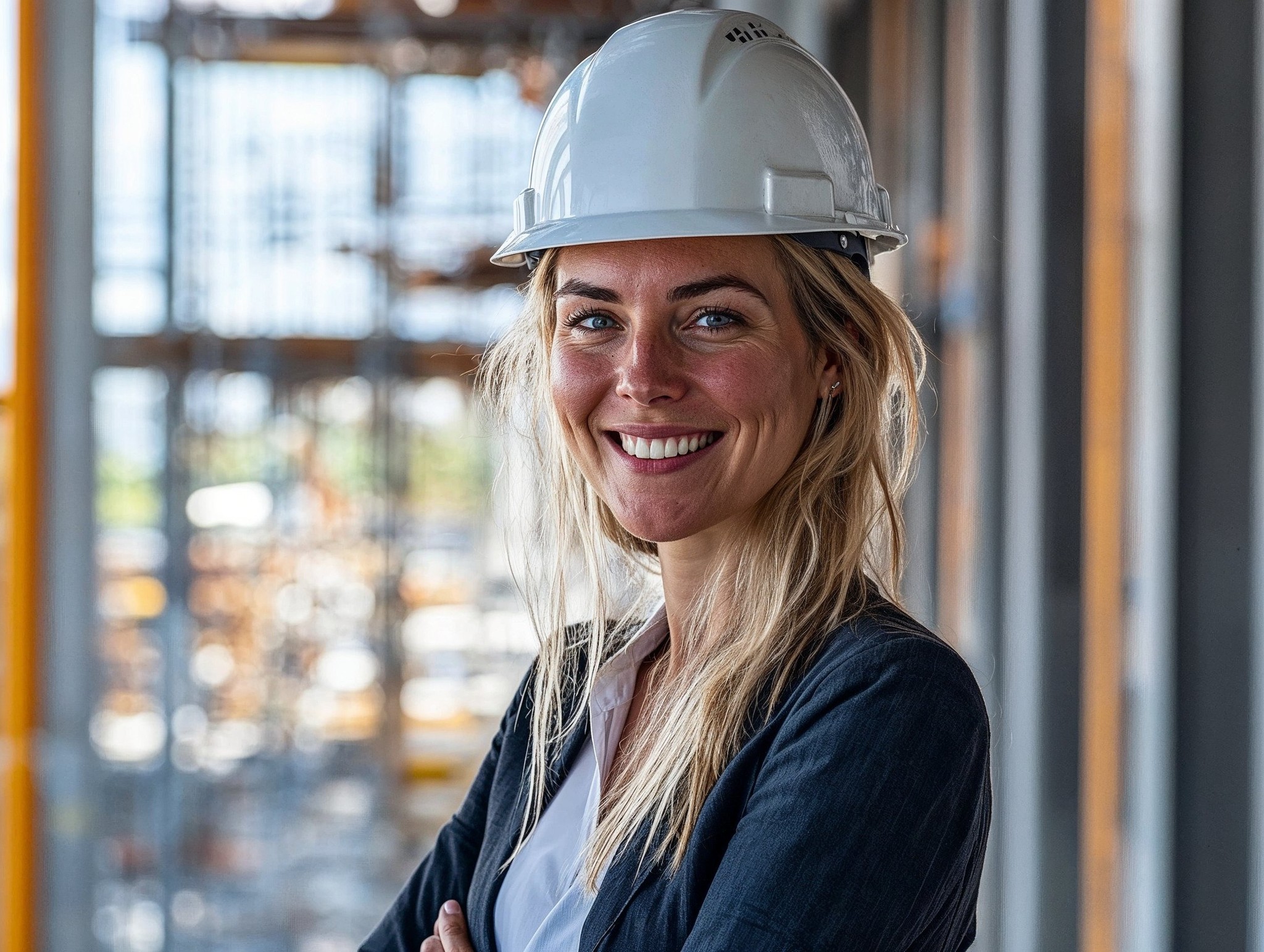 A woman smiling wearing a hard hat