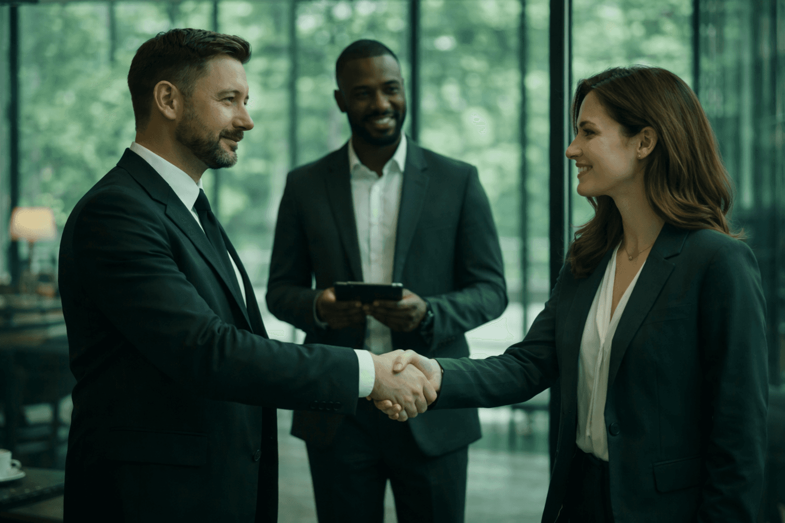 Business professionals meeting in a modern office to coordinate client services