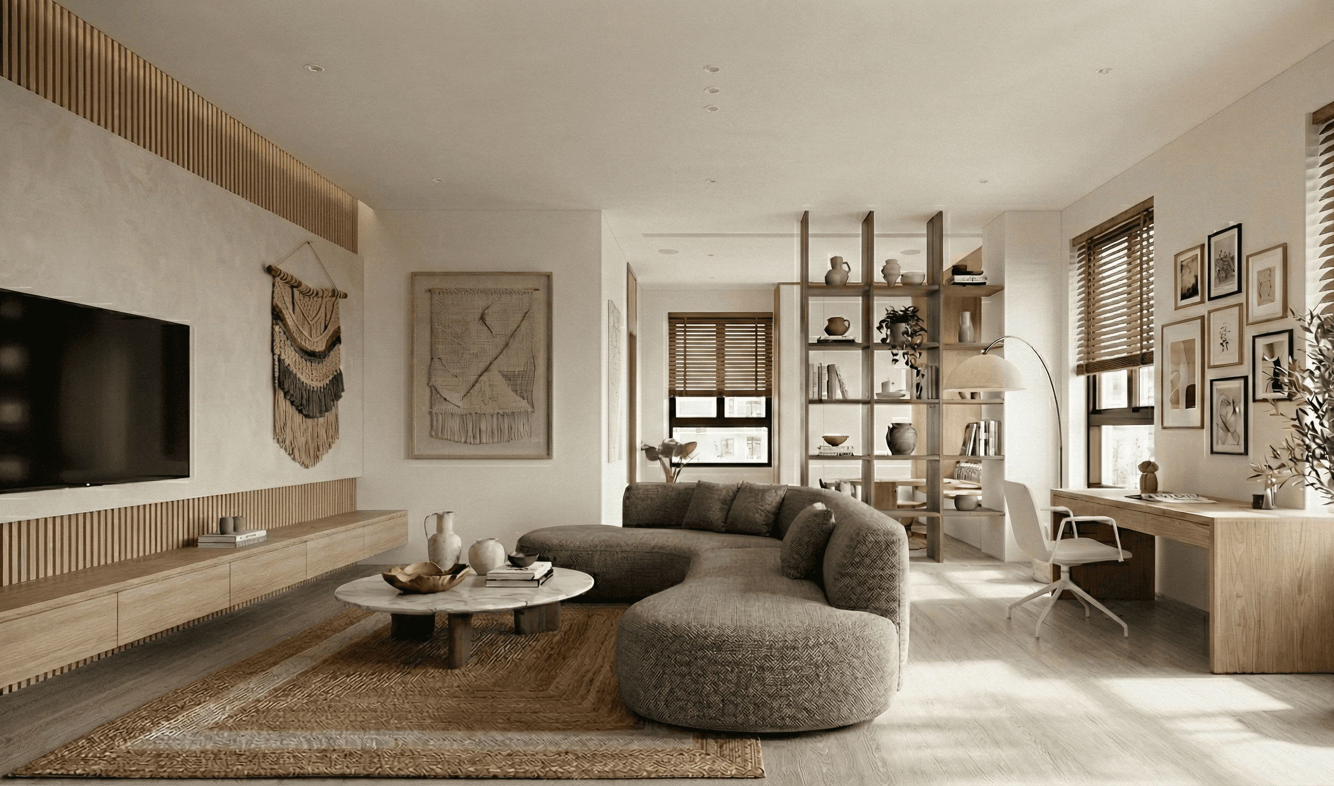 a living room with a couch and a table