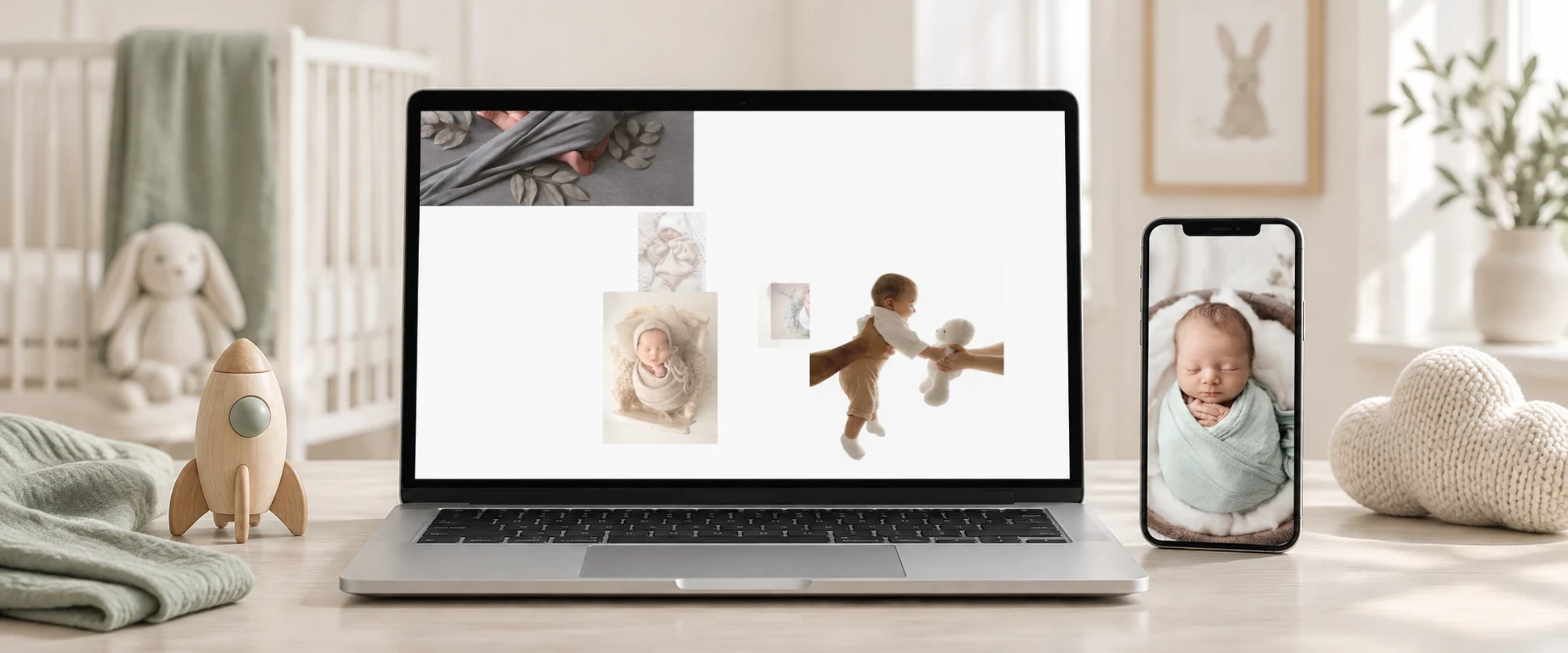 Tunnel Flight auf Laptop und Smartphone: schwebende Babyfotos und das bildfüllende Schlussfoto in einer hellen Studioszene.