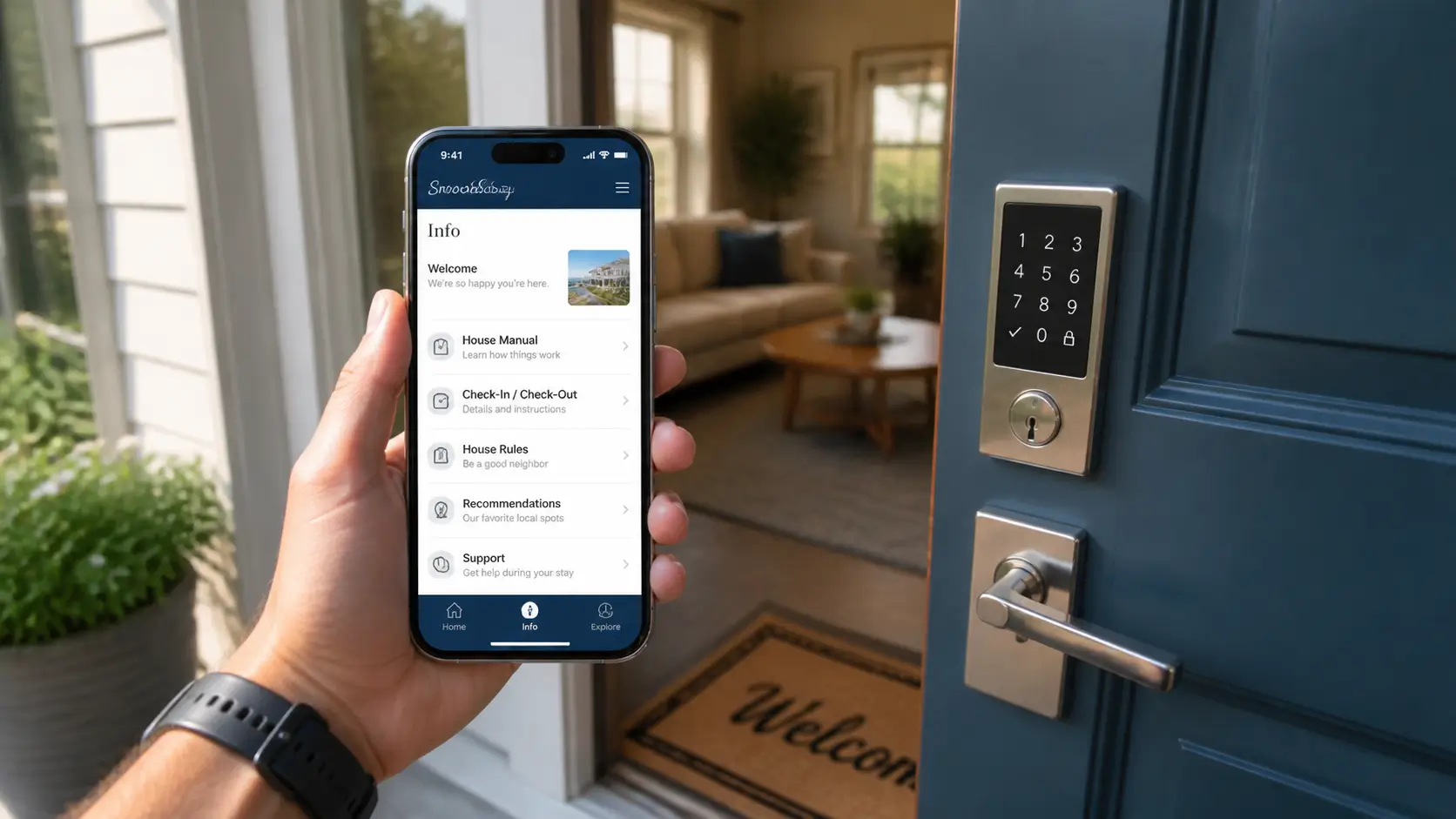 Guía digital de automatización para alquiler vacacional en un teléfono con una cerradura inteligente en la puerta.