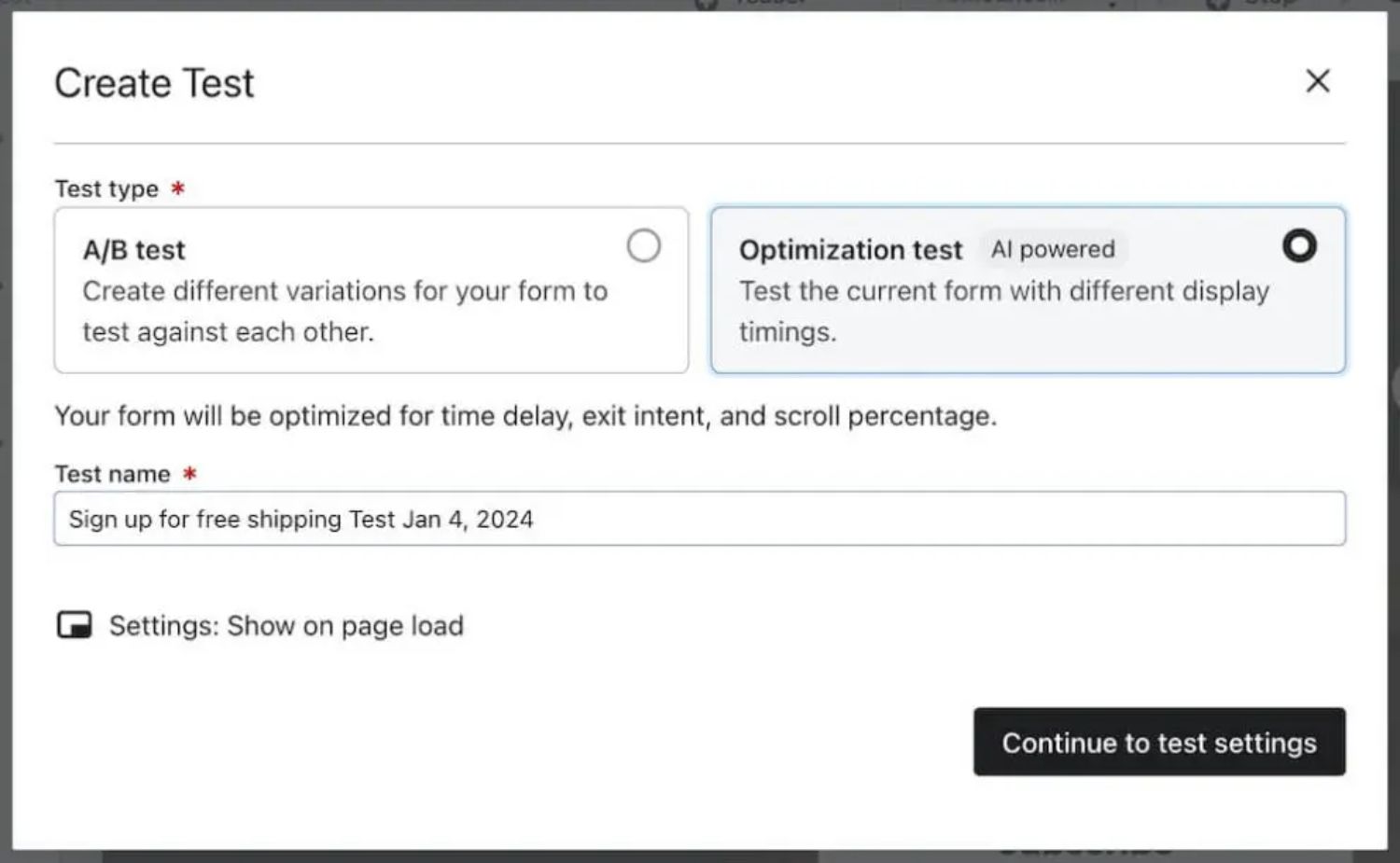 Forms display optimization.jpeg – Klaviyo’s form optimization tool showing A/B testing and AI-powered timing for pop-ups.