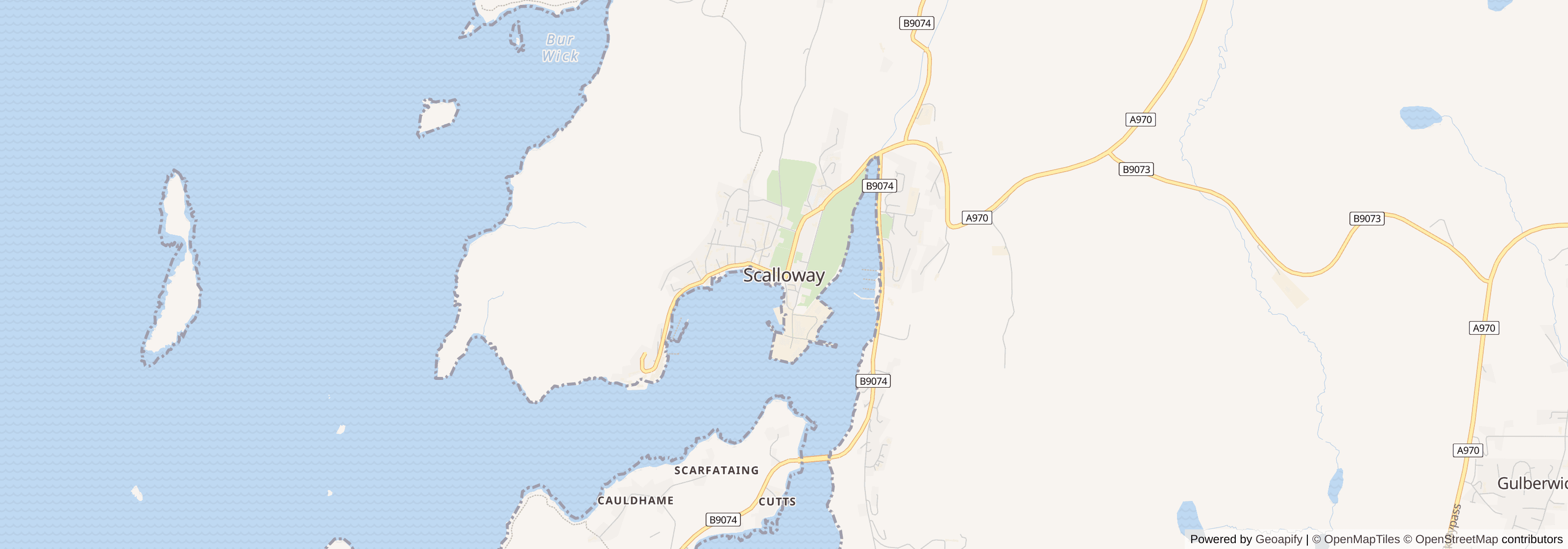 Street map of Scalloway, Shetland Islands showing main roads and nearby areas