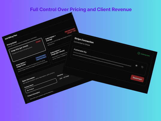 Retell wrapper split feature with built-in Stripe usage billing, flexible subscription and overage plans, and direct payments with zero margin sharing | VoiceAIWrapper.