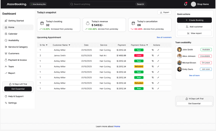 RazorBooking dashboard with today's stats, upcoming appointments, quick actions and team availability