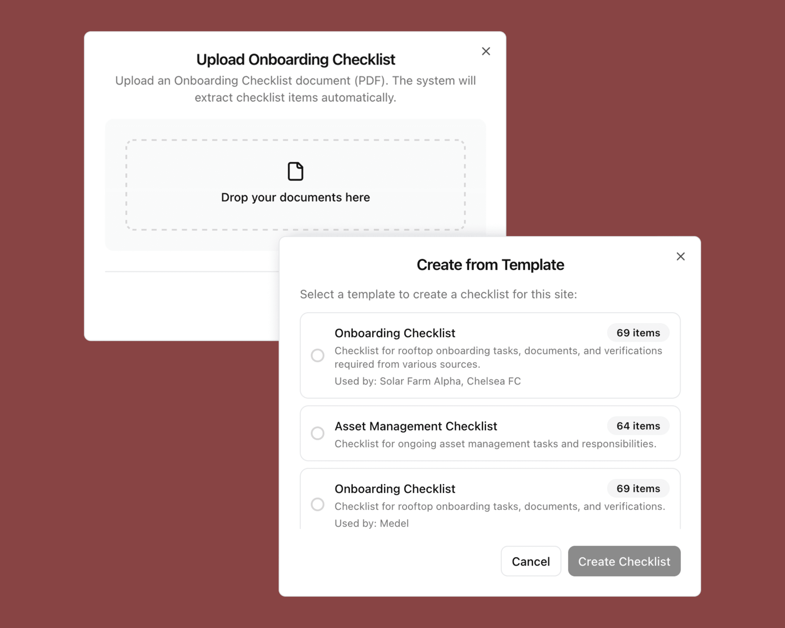 An interface showing onboarding checklist upload window and 'create from template' option