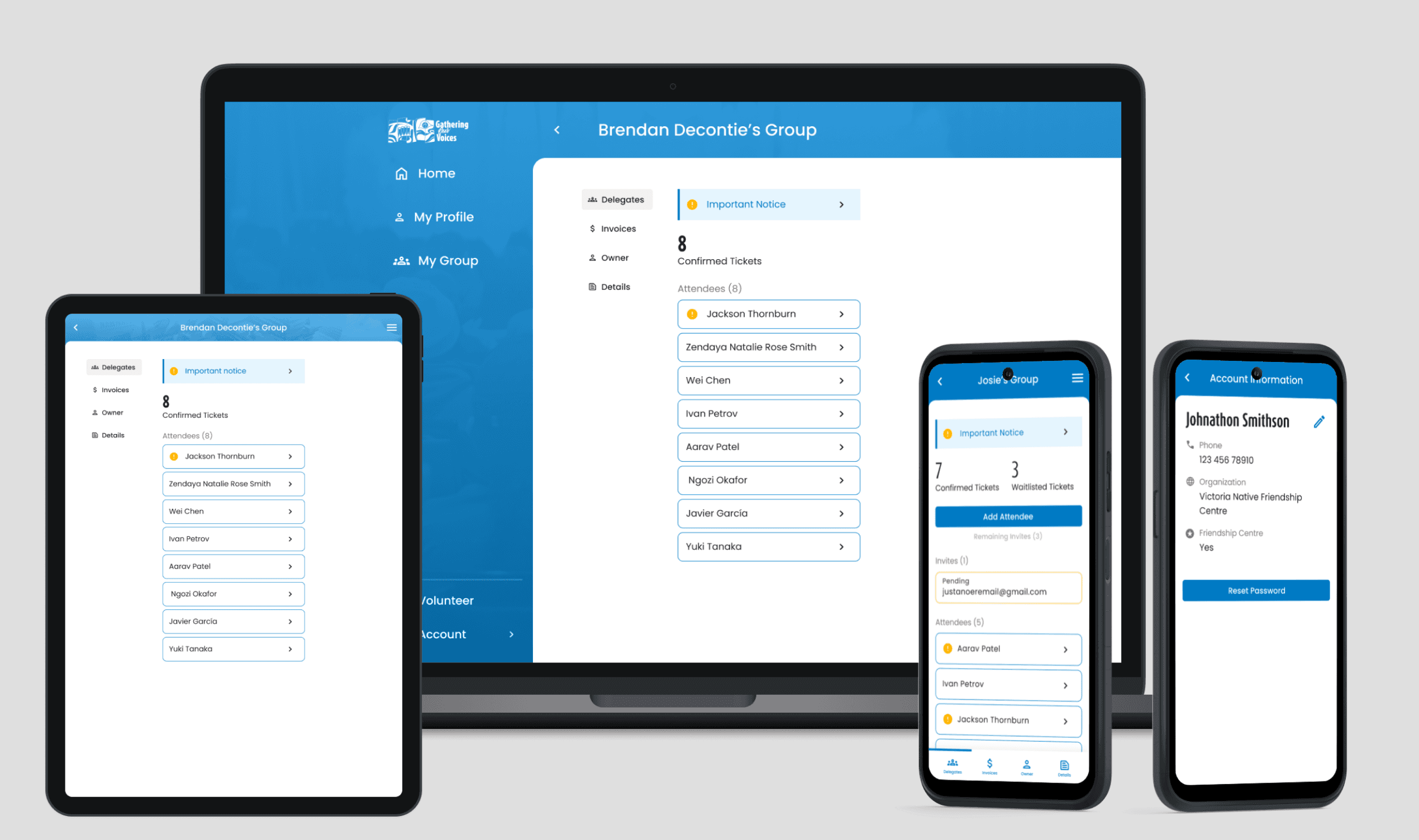 Image displaying the design of a fully responsive application across desktop, tablet, and mobile devices, showcasing consistent layout and functionality tailored to each screen size.