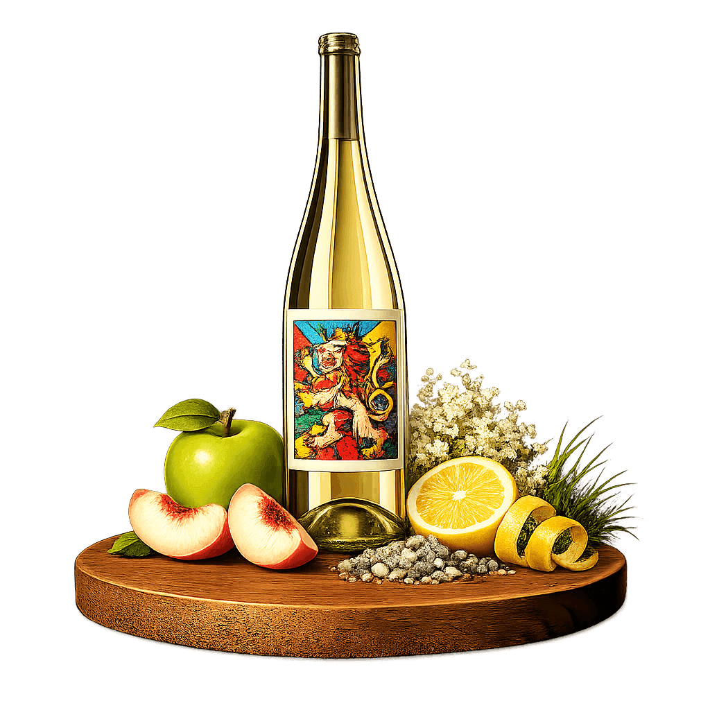 Artistic label and flavor profile for Czech White Blend on a rustic wooden table.