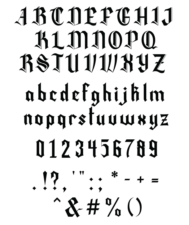 Font alphabet in uppercase and lowercase, numbers, and symbols