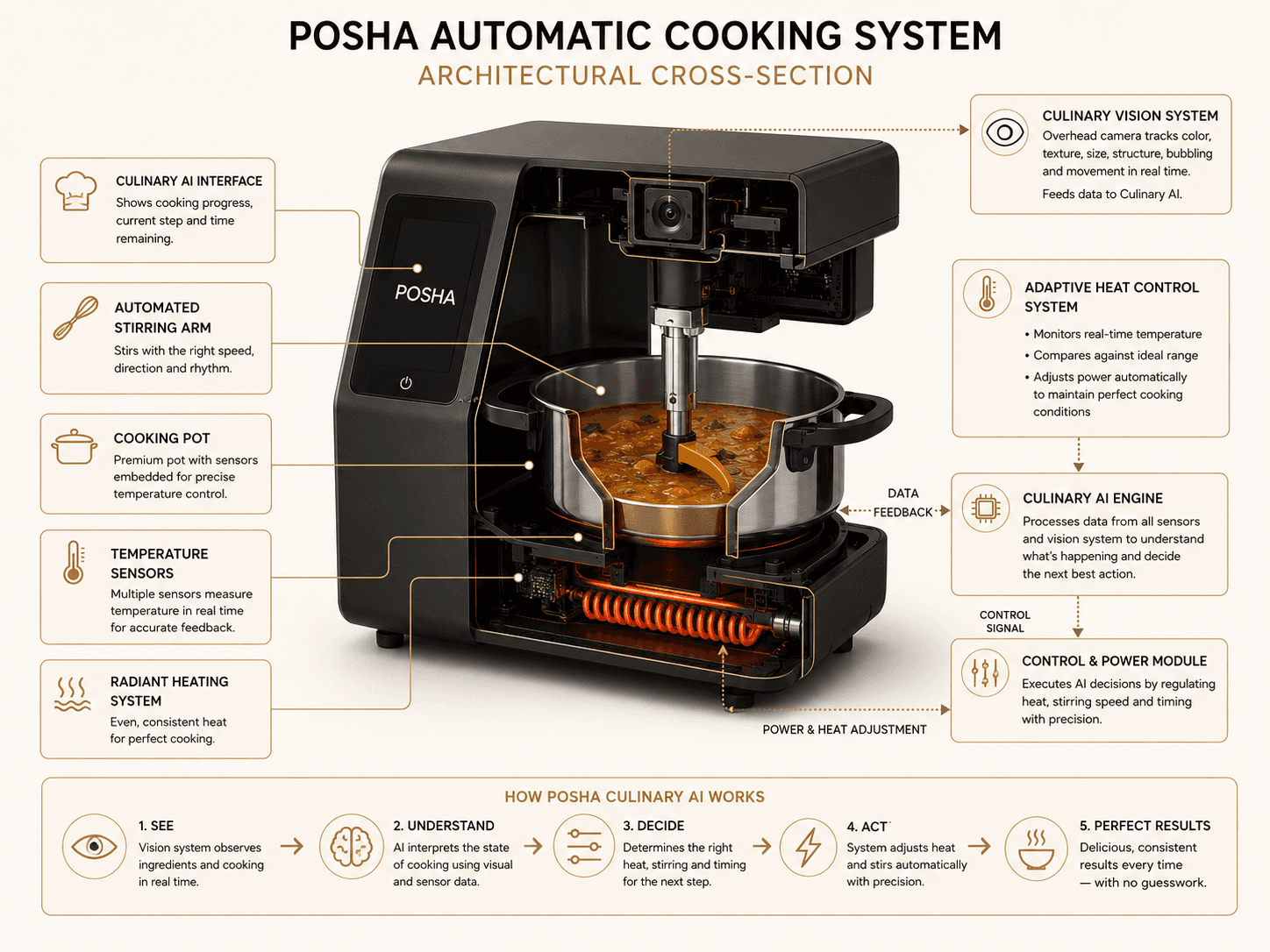 Architecture diagram of automatic cooking machine sensor feedback loop and internal components