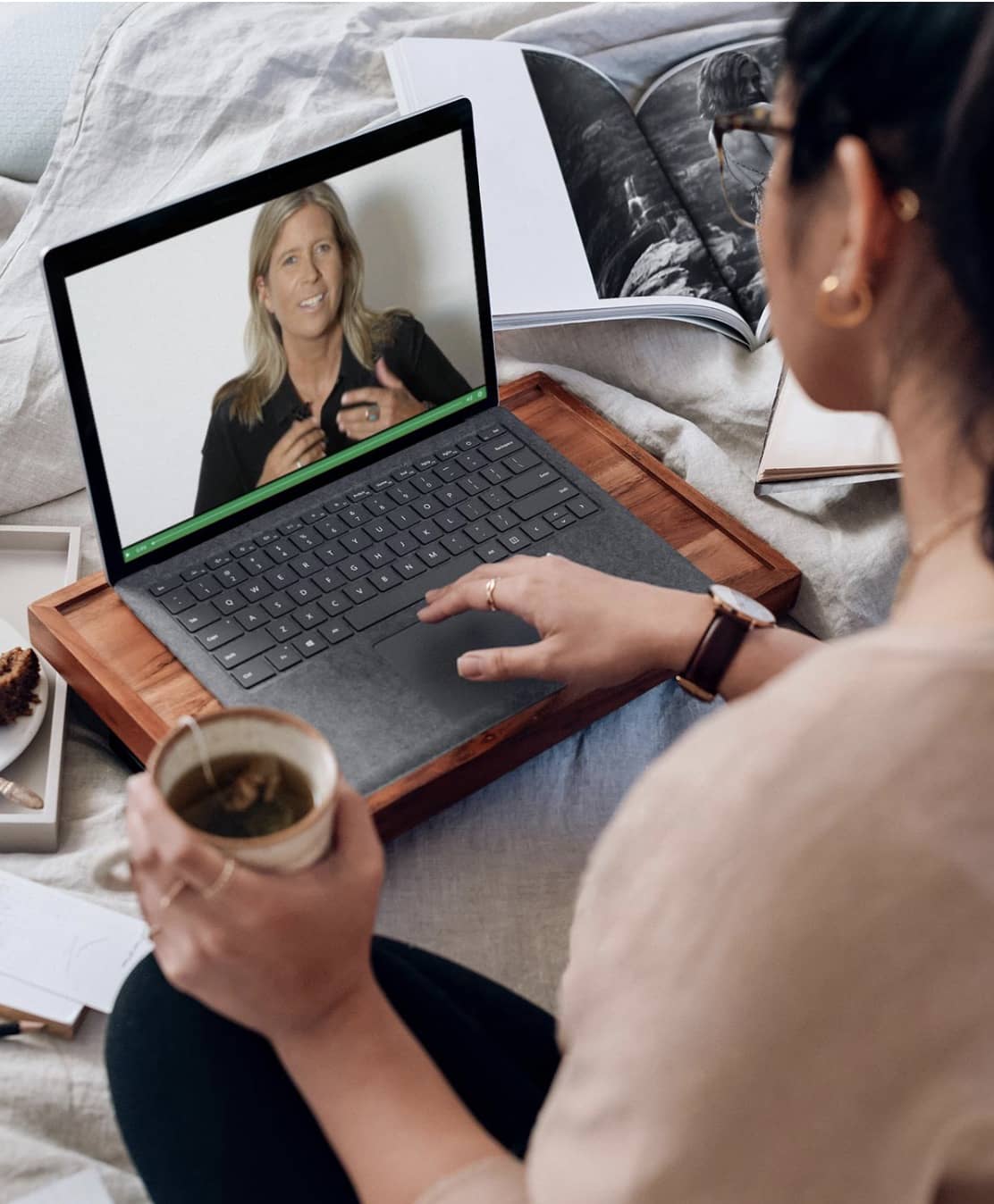 Monique teaching a mindfulness lesson on the computer