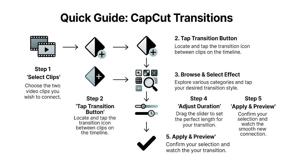 An illustrated step-by-step guide on how to add and customize transitions between video clips in CapCut.
