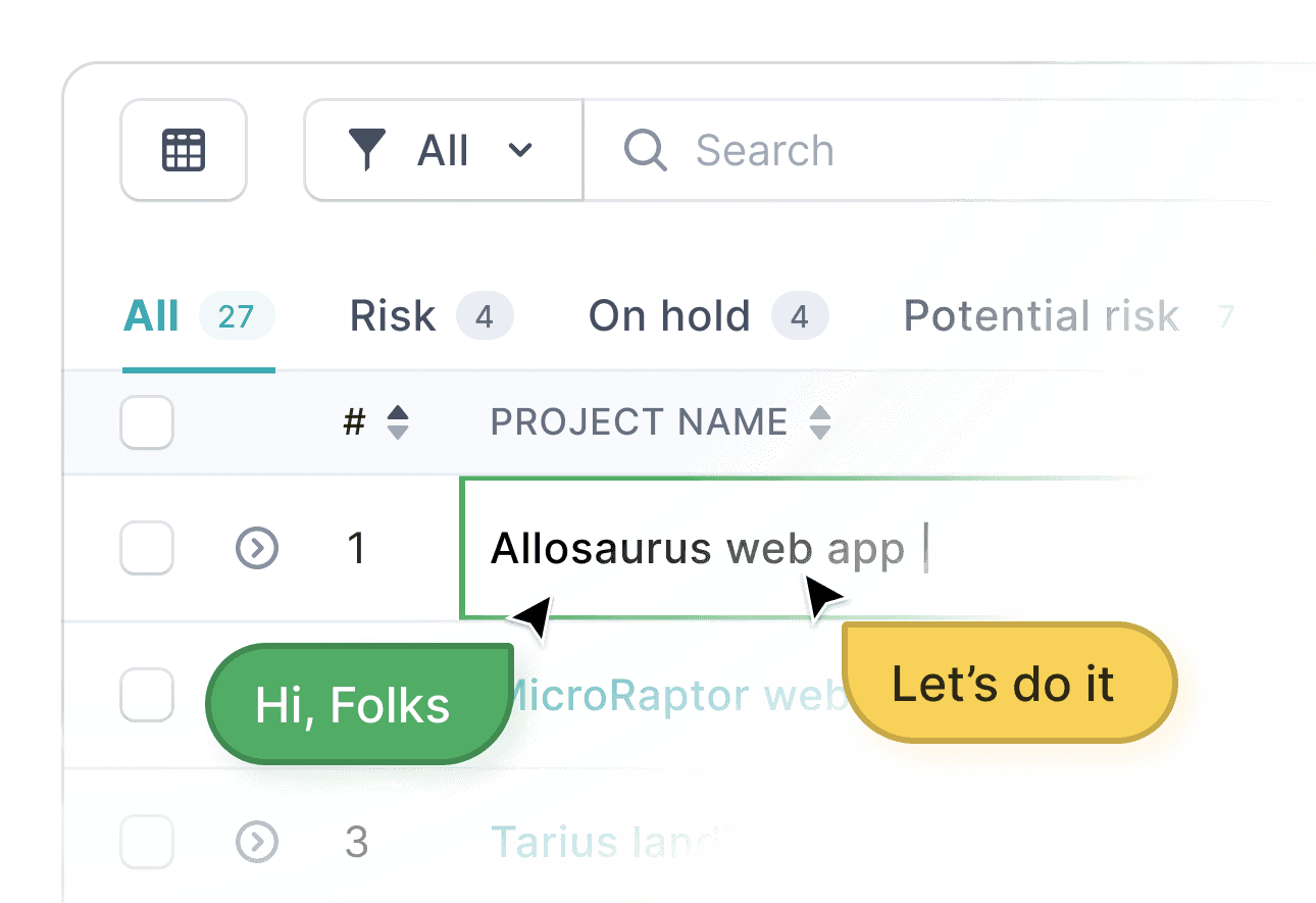 Collaboration UI with table view, live comments, and tags, demonstrating teamwork in a research project.