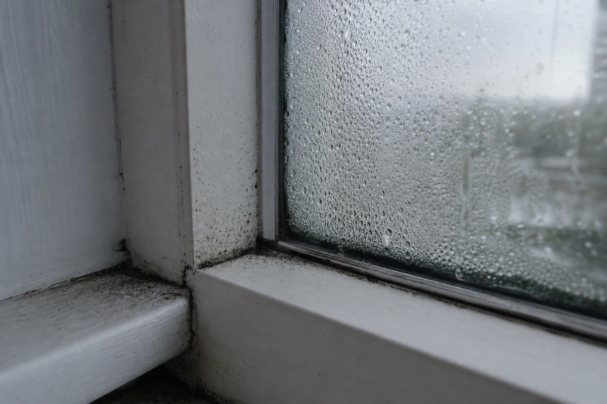 Condensation and a faint dark bloom along a cold window frame
