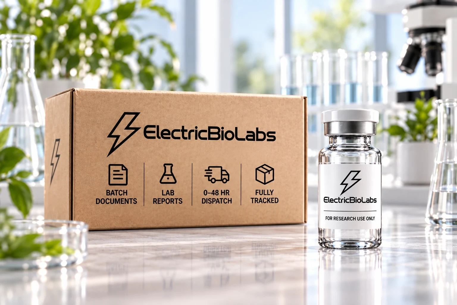 ElectricBioLabs product vial and branded shipping box in a bright laboratory.
