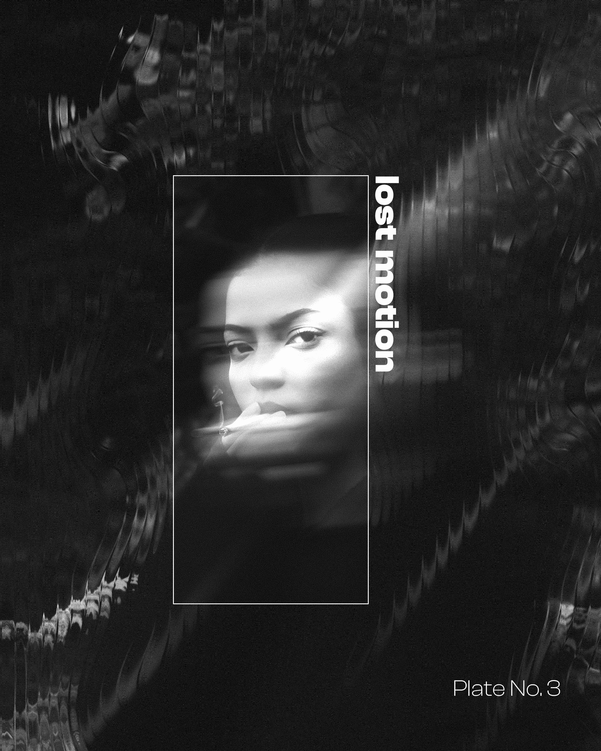 Black and white portrait of a woman with heavy motion blur across her face, framed inside a rectangular overlay against a distorted abstract background.