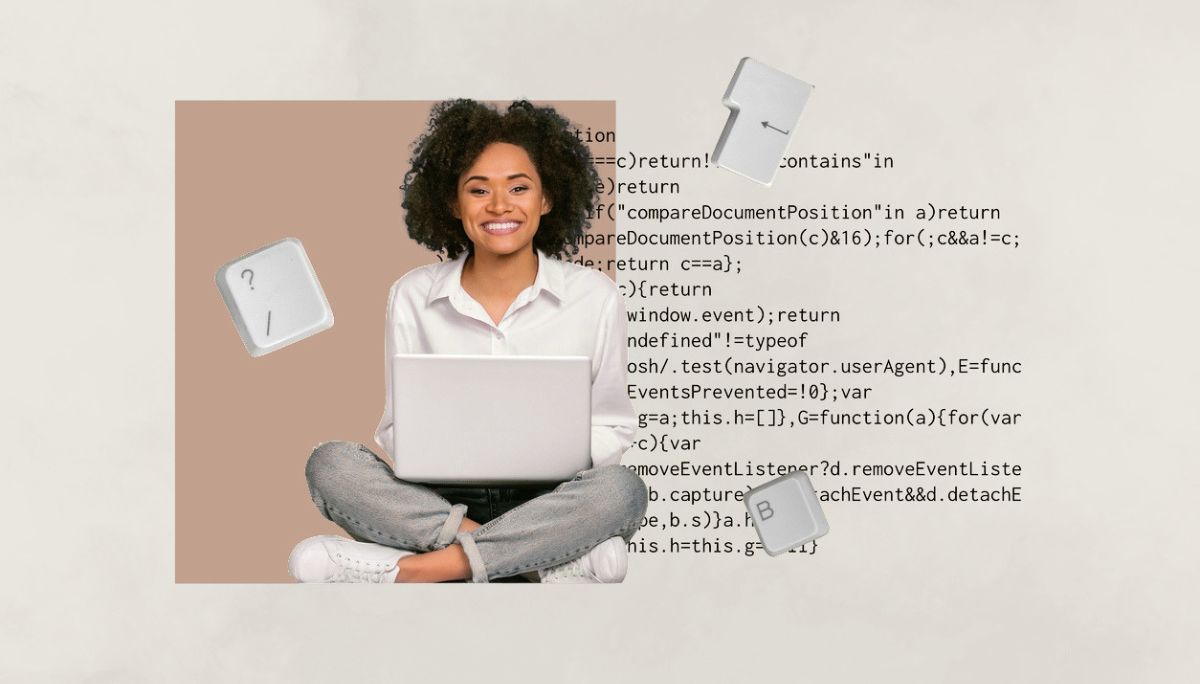 Person sitting cross‑legged with a laptop surrounded by floating code snippets and keyboard symbols.