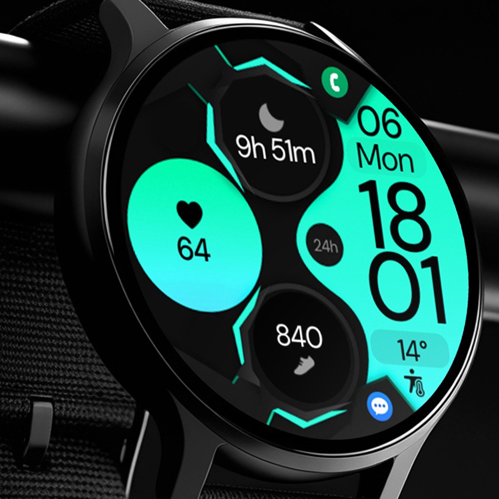 Modern Wear OS smartwatch displaying a digital watch face