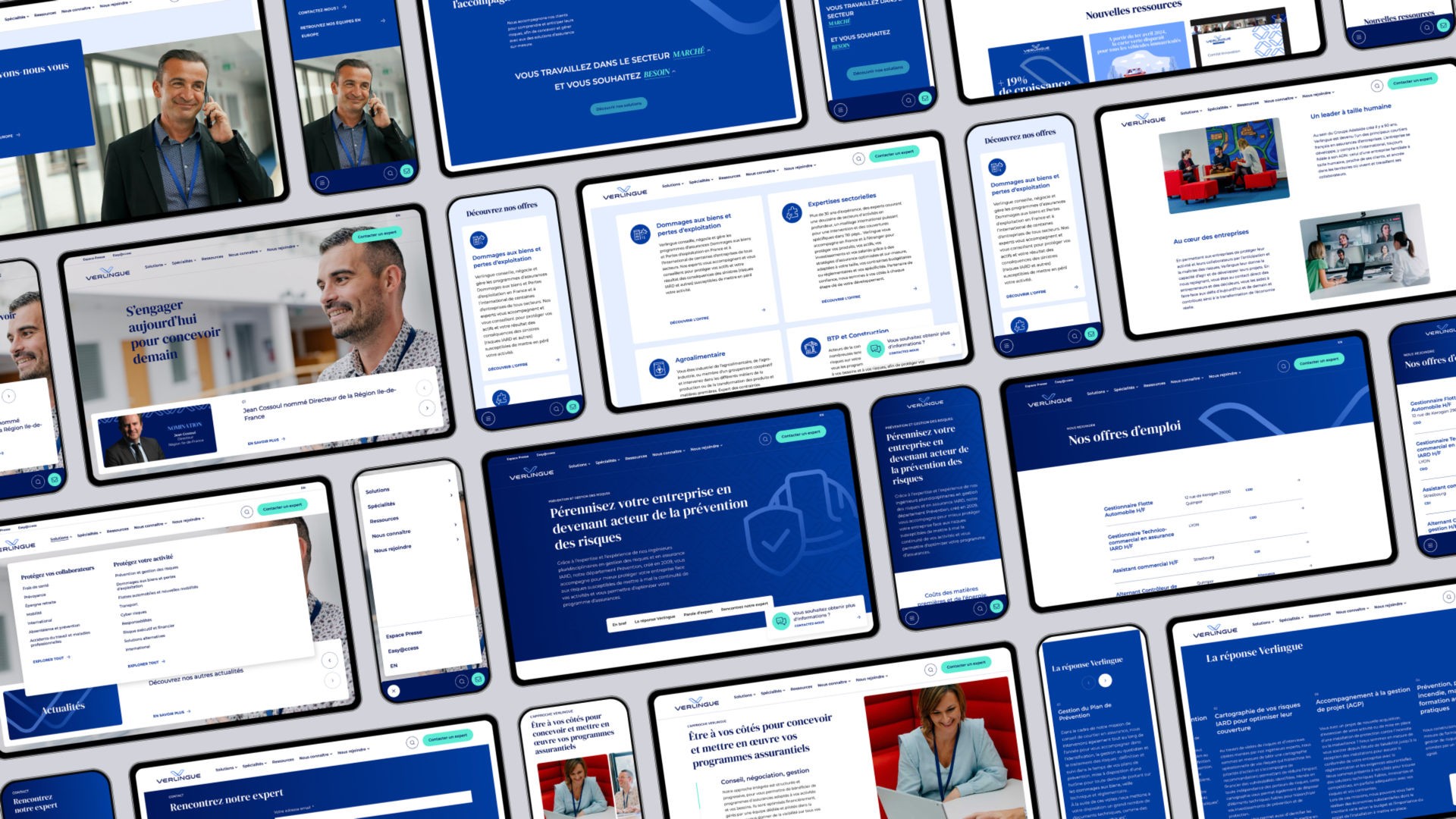 Grille composée de nombreuses captures d'écran du site internet du courtier en assurances Verlingue, affichées sur des tablettes et smartphones, illustrant la richesse du contenu et le design du site.