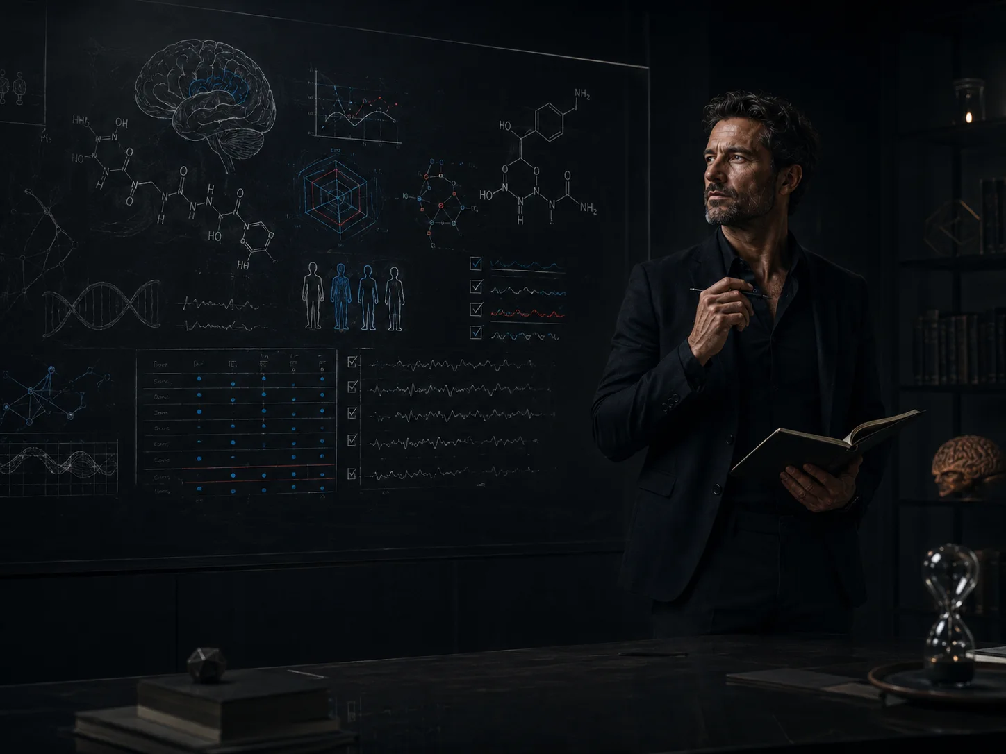 Man in a dark suit standing before a chalkboard diagram of neurons, cognitive function, and neurotransmitter pathways, representing focus and mental clarity