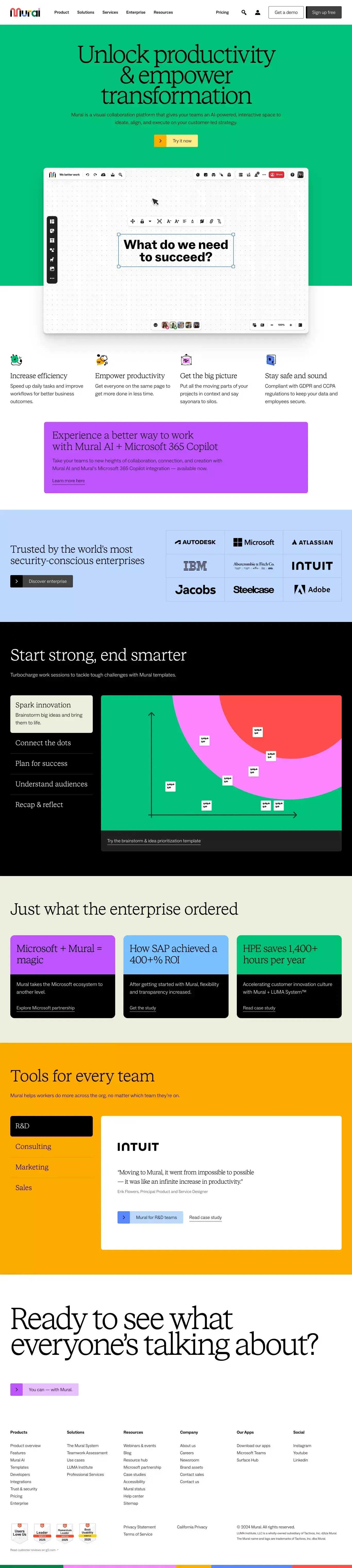 Work better together with Mural's visual landing page screenshot showcasing AI and Tech design