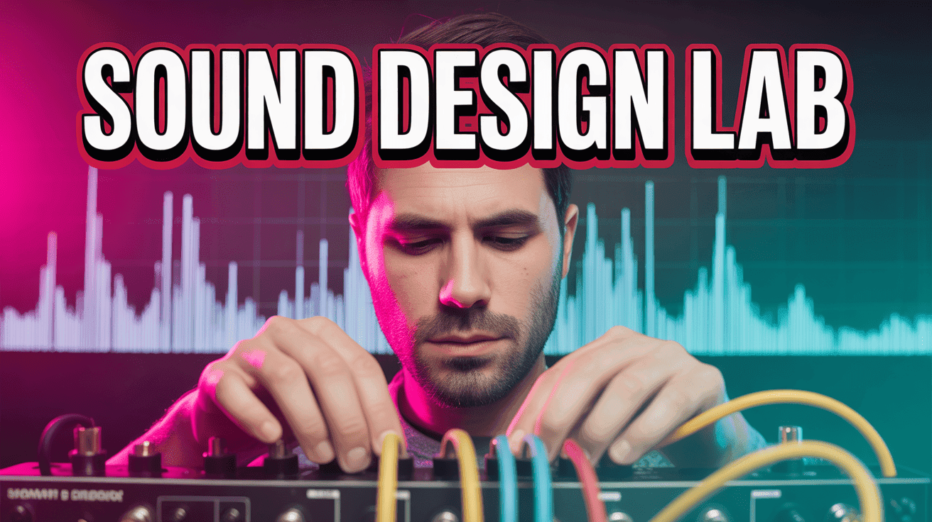 Synth Sound Design Lab Thumbnail, featuring a synth producer tweaking modular cables with glowing spectrum graphs in the background