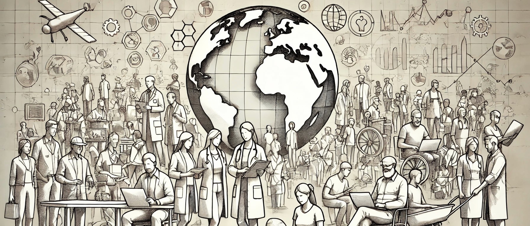 The image is an intricate and detailed illustration featuring a large group of diverse professionals and workers set against the backdrop of a world map. Key elements of the image include:  Central Element:  World Map: The central part of the image features a prominent world map, with the continents clearly outlined. This symbolizes global interconnectedness and the universality of the professions depicted. Diverse Professionals:  Medical Professionals: Several figures are dressed in lab coats, medical scrubs, and holding medical equipment like clipboards and laptops, indicating the presence of doctors, nurses, and other healthcare workers. Scientists and Engineers: Some individuals are depicted with technical instruments, blueprints, and wearing lab coats, representing scientists, engineers, and researchers. Construction and Manual Labor: Workers in hard hats and work uniforms are included, highlighting the roles of construction workers and manual laborers. People with Disabilities: The illustration thoughtfully includes individuals in wheelchairs, emphasizing inclusivity and representation of people with disabilities. Collaborative Environment:  Group Interactions: Many of the figures are shown interacting, discussing, and working together, reflecting a collaborative and community-oriented atmosphere. Variety of Activities: The individuals are engaged in a range of activities such as reading, writing, discussing, and working with tools, showcasing the diversity of their roles and tasks. Background Details:  Technical and Scientific Diagrams: The background is filled with faint sketches and diagrams, including technical drawings, chemical structures, and mathematical formulas, indicating a focus on science, technology, and research. Artistic Elements: The detailed line work and shading give the illustration a rich, textured appearance, blending artistic quality with technical precision. Monochromatic Style:  Black and White Theme: The image is rendered in a monochromatic style, using shades of black and white, which adds a timeless and classic feel to the illustration. Inclusivity and Diversity:  Gender and Ethnic Diversity: The illustration includes people of various genders and ethnic backgrounds, emphasizing diversity and inclusivity within the global professional community. Range of Professions: The wide array of depicted professions highlights the interconnectedness and interdependence of different fields and industries. Overall, the image presents a rich tapestry of global professional life, highlighting the diversity, collaboration, and interconnectedness of various fields and industries. The use of a world map as a central element underscores the universal nature of these professions and the collective effort towards progress and innovation.