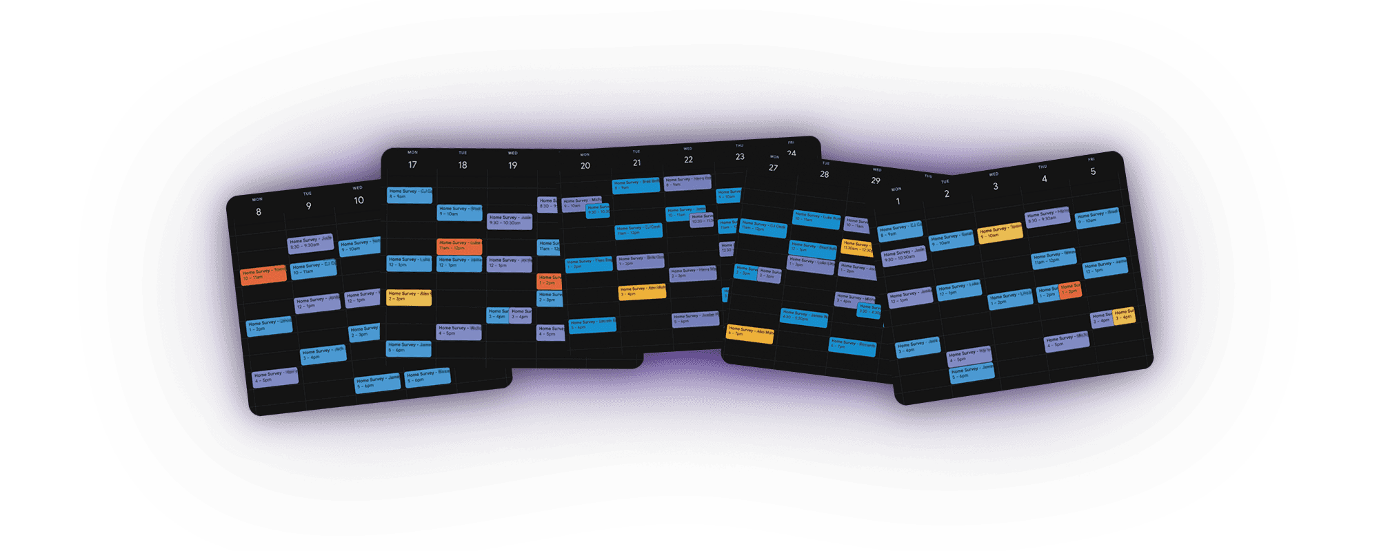 Full calendar view showing multiple booked site surveys and appointments across consecutive weeks.