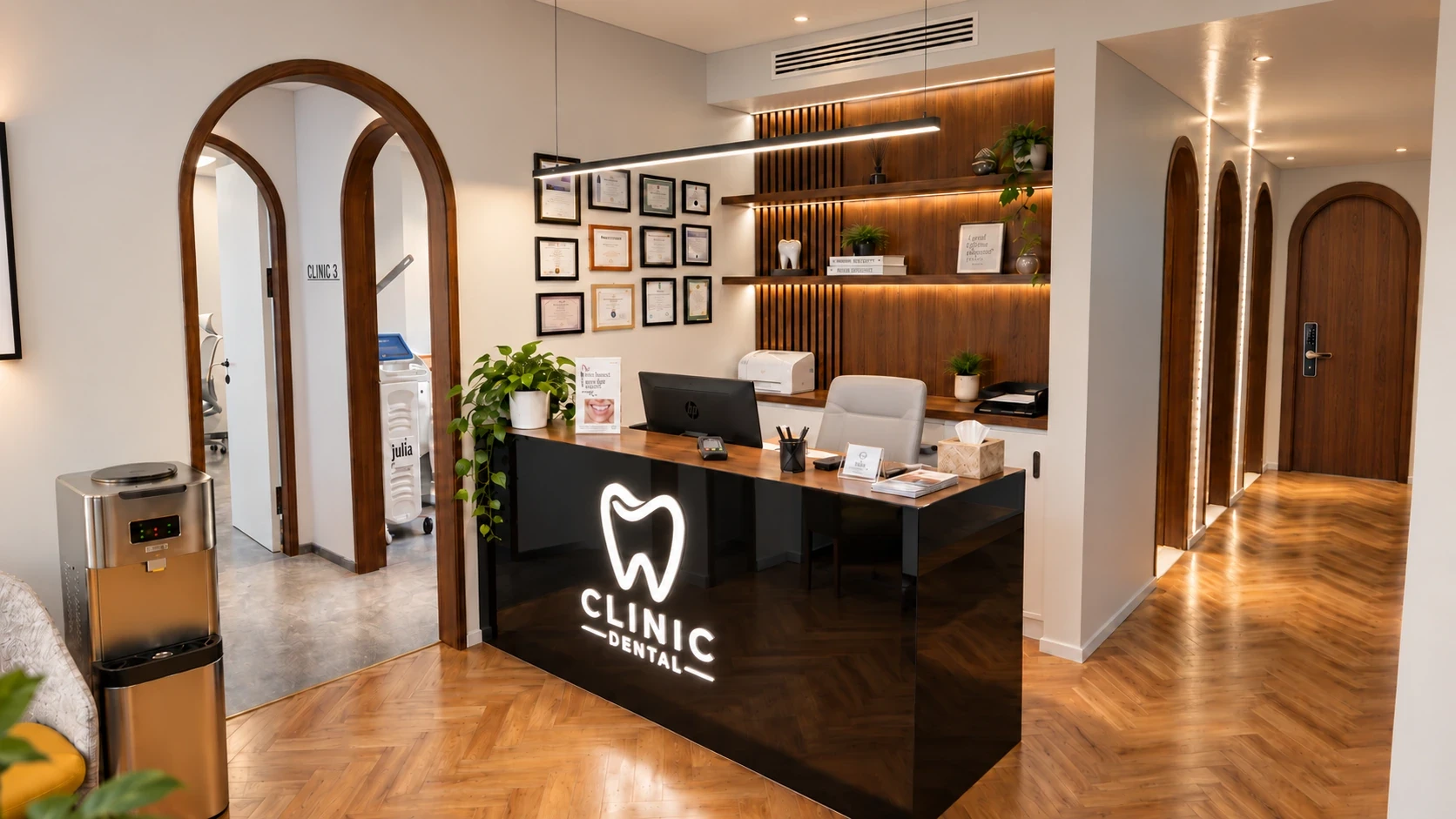 Reception render with a dark dental-clinic counter, wooden doors and arched openings — Dentist Clinic, Cairo, Arc In Space
