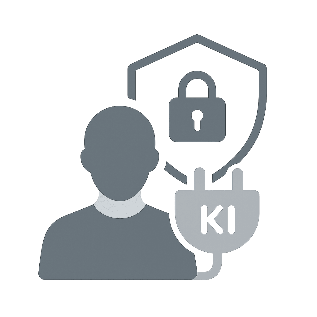 Flache, zweifarbige Vektorillustration in Graustufen: Eine Person steht vor einem Schild mit Vorhängeschloss – Symbol für Datenschutz und digitale Autonomie. Klare Linien, keine Effekte.