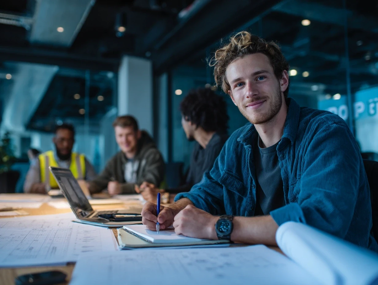 Smiling man writing at desk in a meeting, with other people working. Blue denim shirt and watch are visible.
