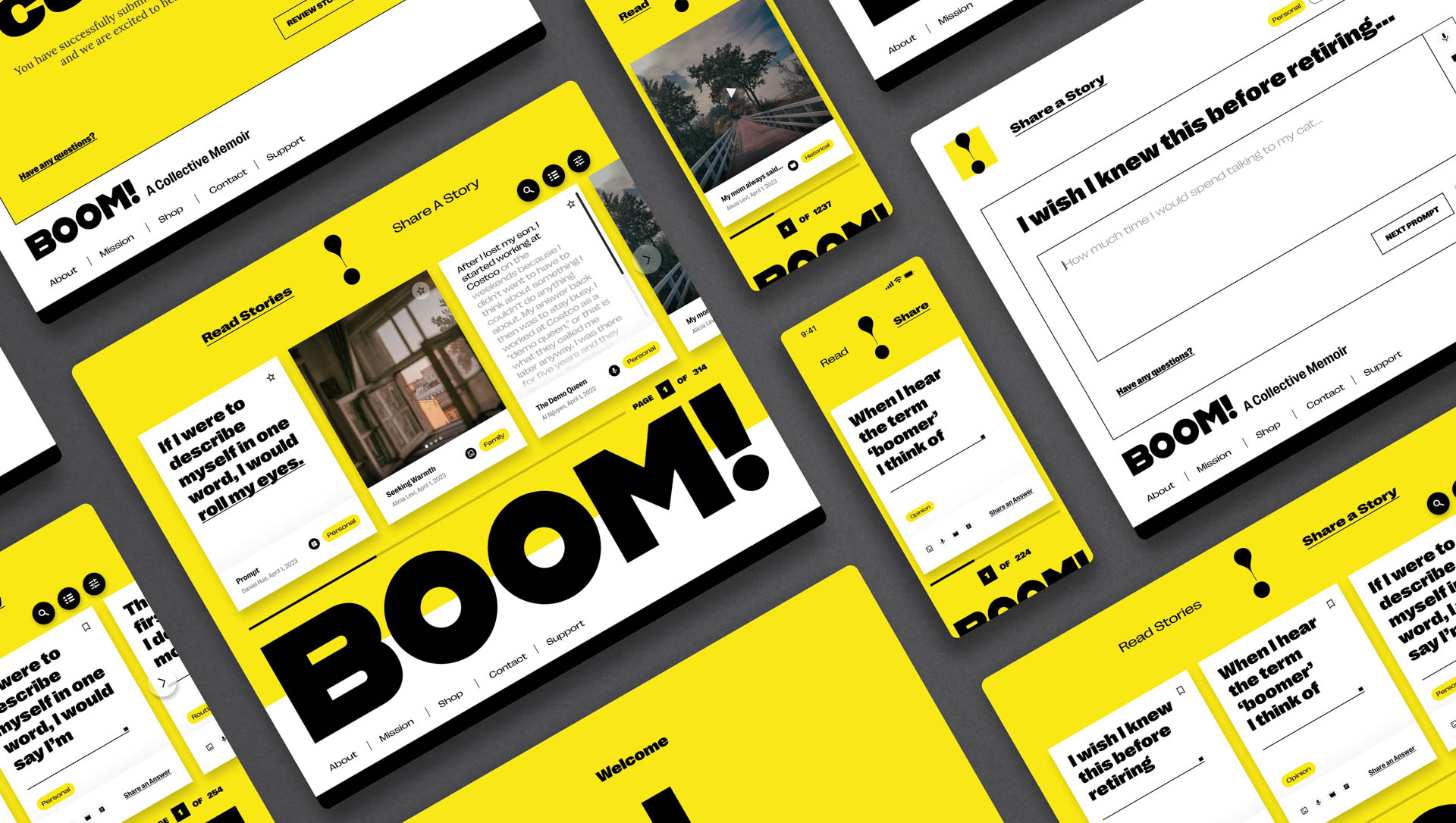 The image shows a collection of yellow and white digital screens displaying text and images. The word "BOOM!" is prominently displayed in large, bold black letters on several screens. The screens showcase various text snippets, including phrases like "I wish I knew this before retiring," "If I were to sacrifice my entire life, I would," and "When I retire, I should consider." Some screens include images, such as a photo of a house and a landscape photo. The screens are arranged diagonally on a dark gray background, with some overlapping each other. The design is consistent across all screens, with black text on a white background and the yellow and white color scheme.