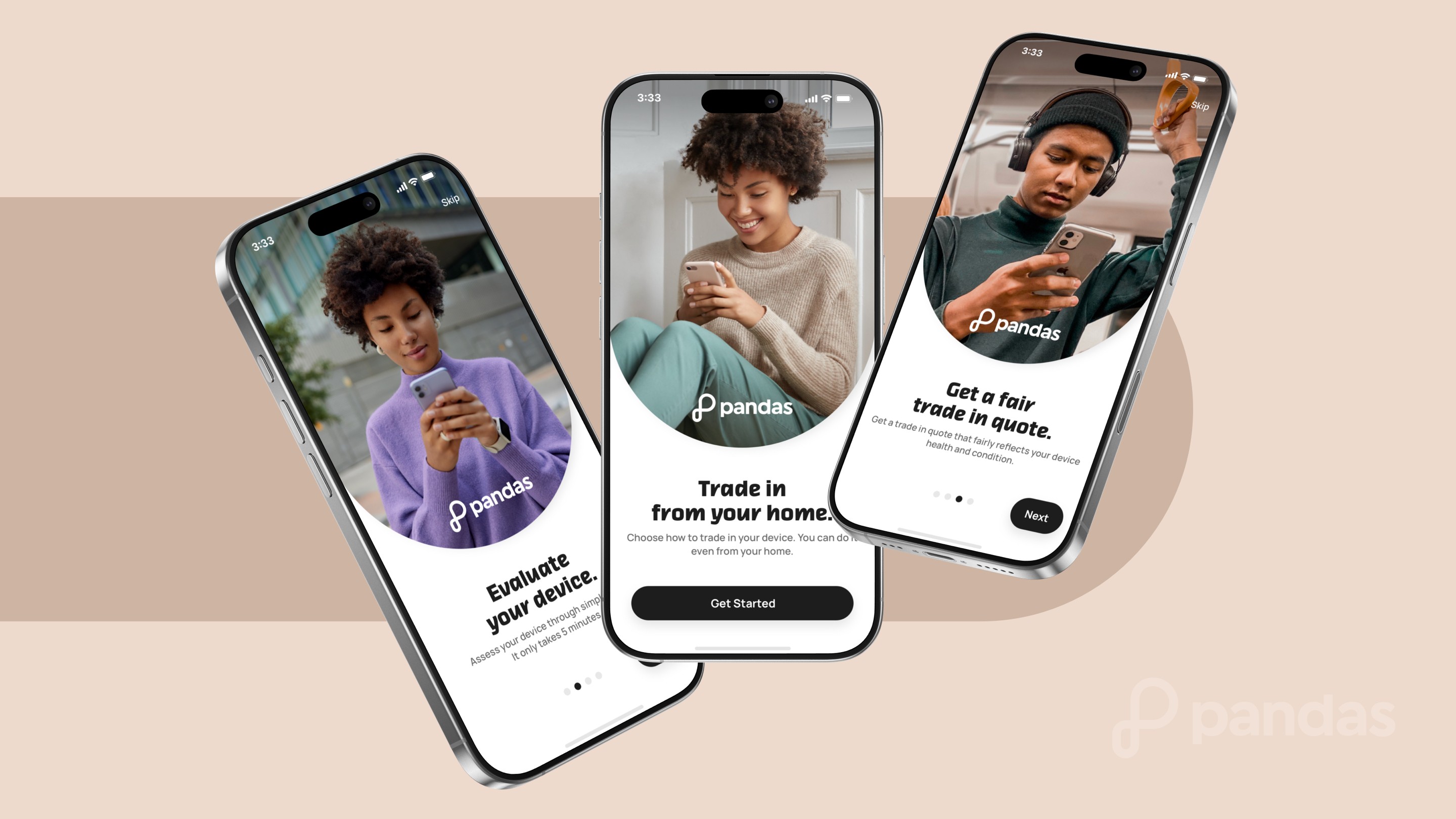 Pandas mobile app displaying onboarding walkthrough screens
