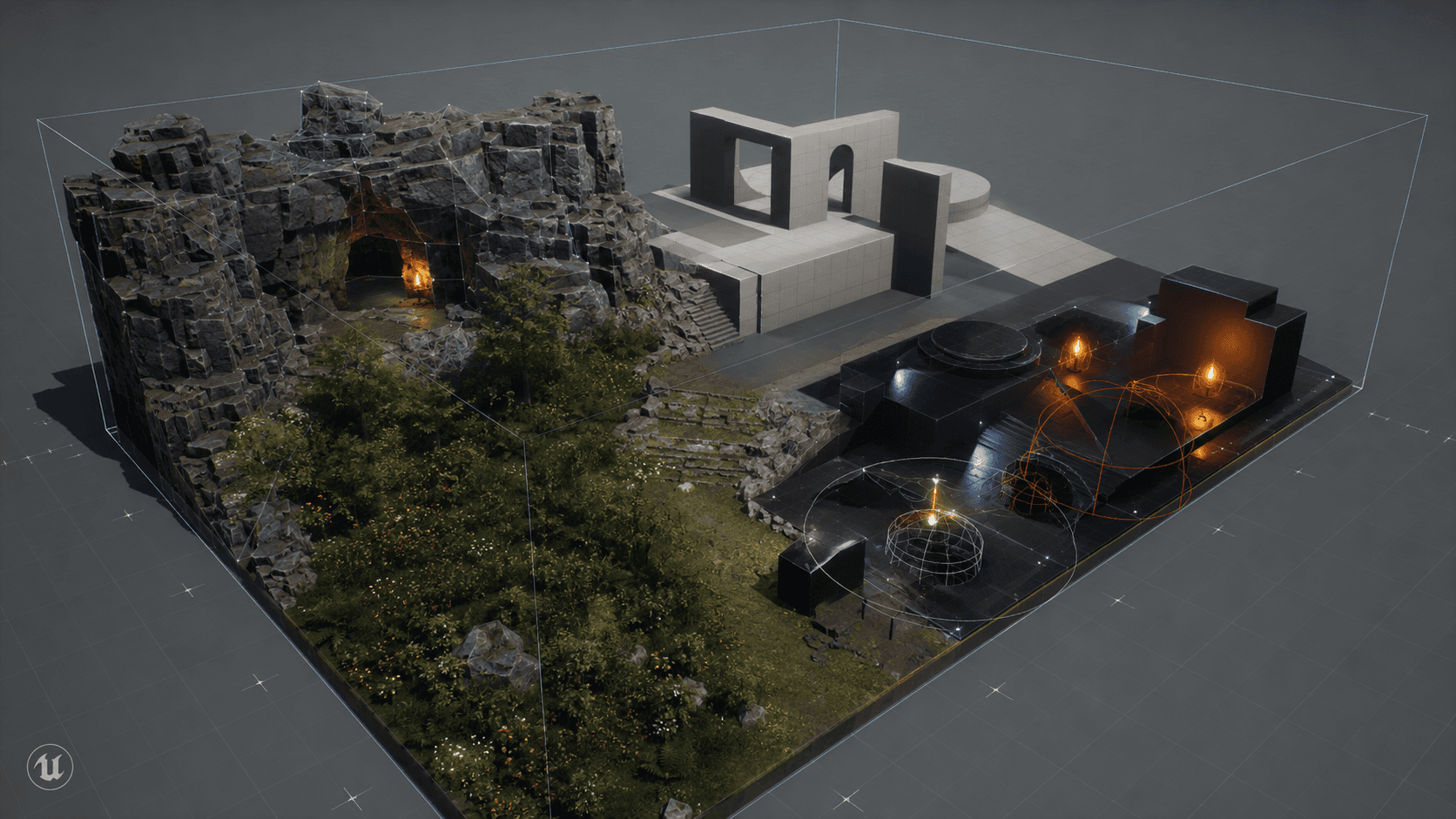 Contained Unreal Engine 5.8 test map with terrain, foliage, architecture, lighting tests, and debug boundaries.