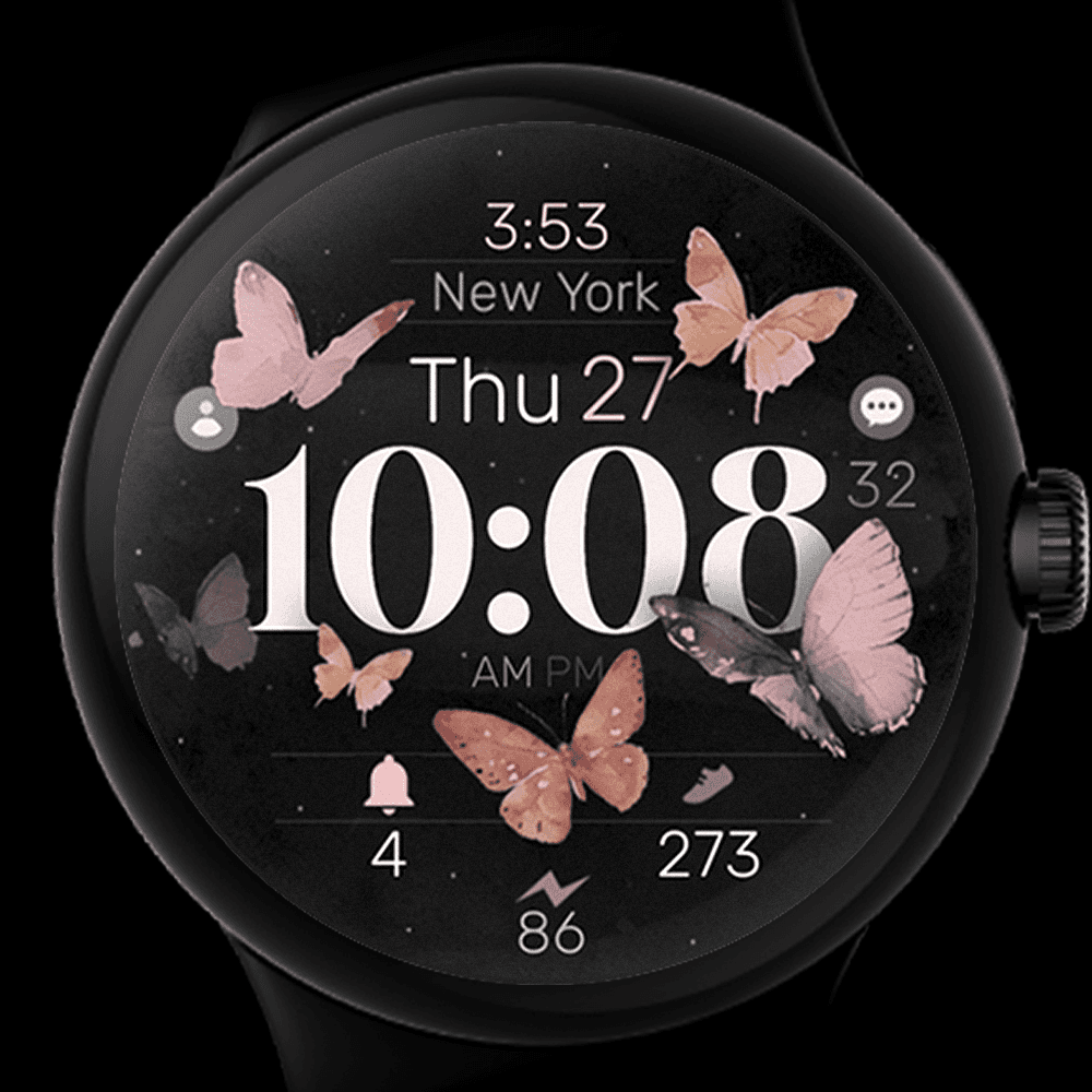 Pixel Watch displaying a butterfly digital watch face