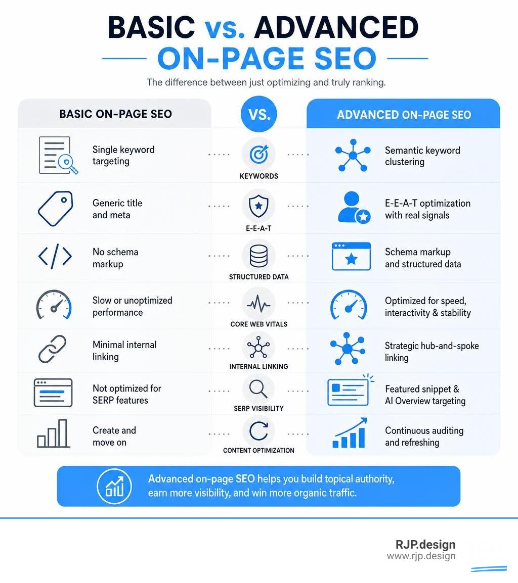 Infographic comparing basic and advanced on-page SEO techniques infographic