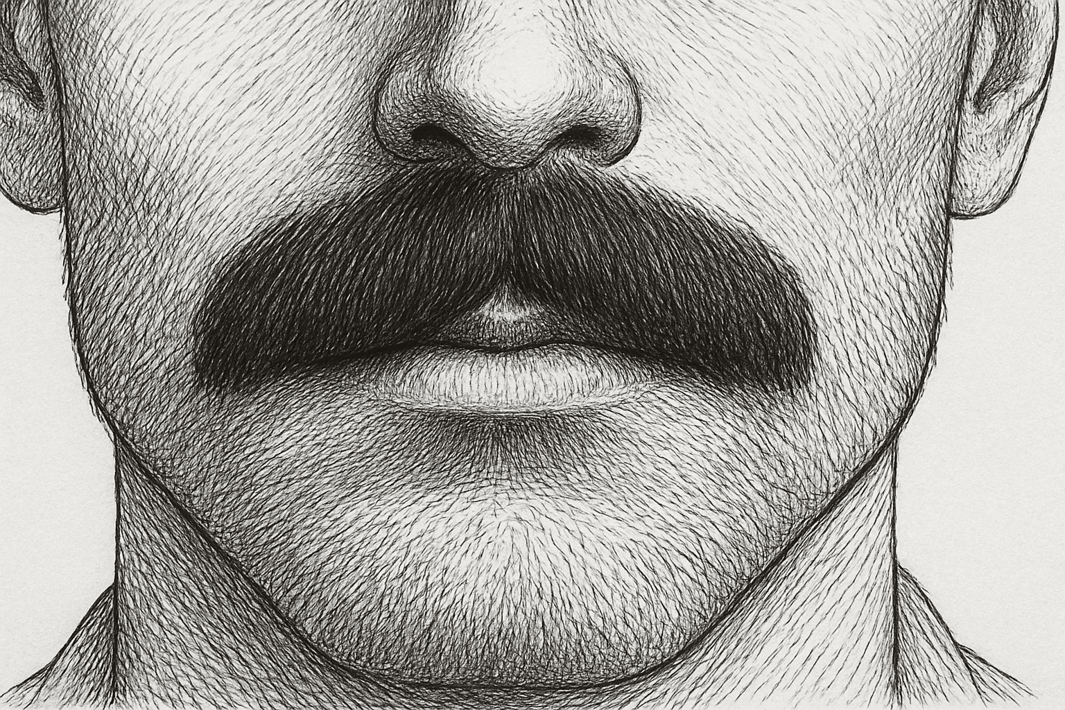 Thick chevron-style moustache on a man wearing casual streetwear.