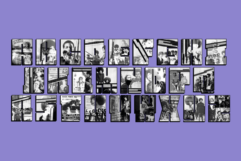 purple background with black and with block typeface with photography