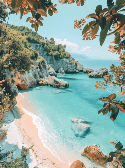 Scenic view of a secluded beach with turquoise waters, cliffs, and lush greenery.