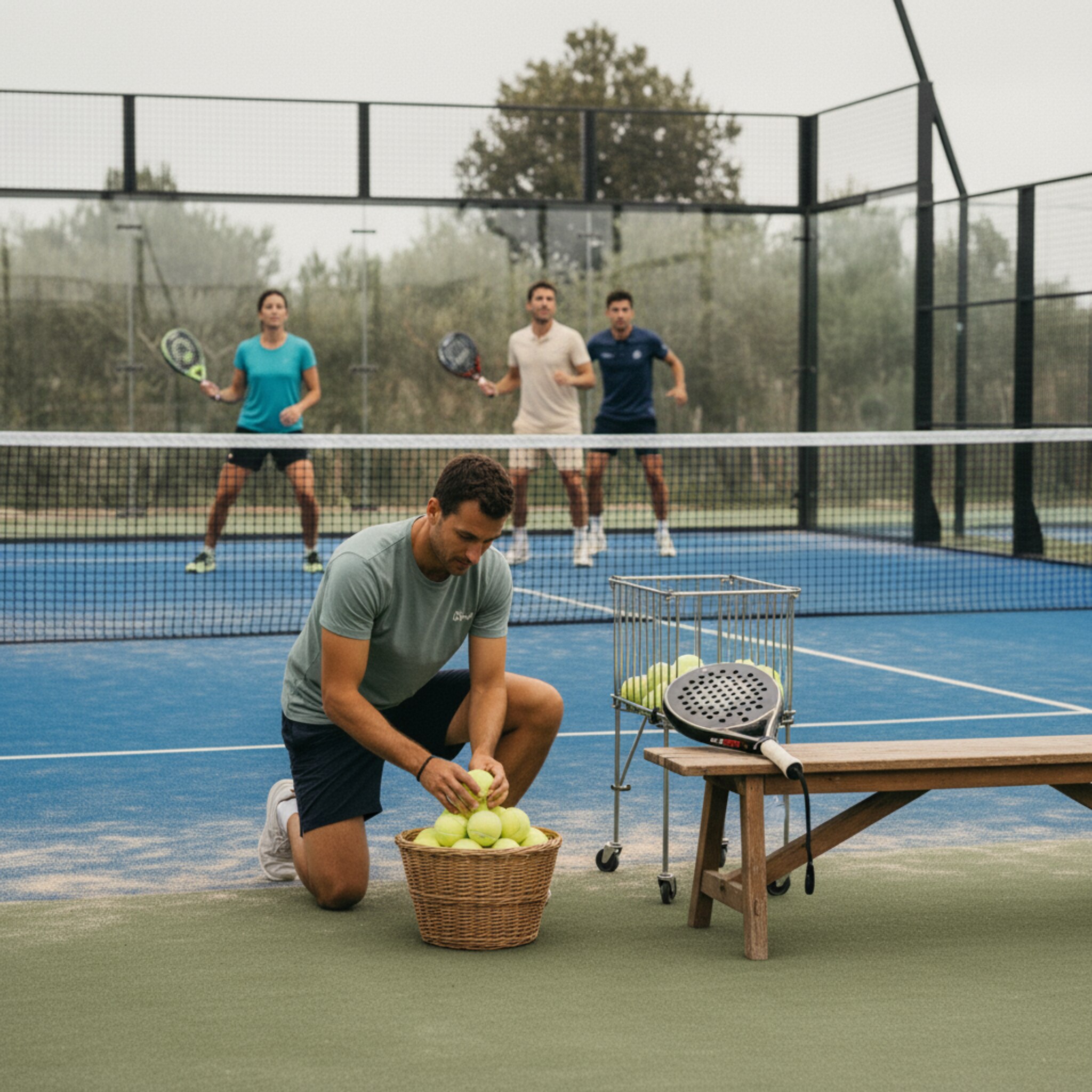 Ein Trainer ordnet Bälle neben einer Bank mit zwei Leihschlägern, während auf dem Nachbarcourt ein Doppel läuft. Die Beleuchtung ist gleichmäßig, die Platzpflege sichtbar. Alles greift ineinander, als wäre die Anlage perfekt abgestimmt und vorbereitet.