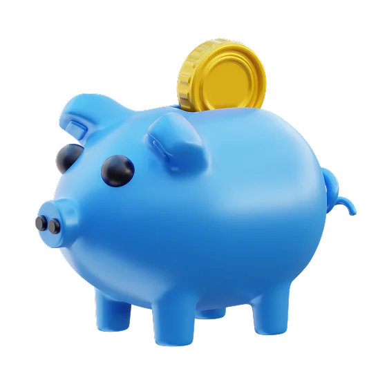 Glossy blue piggy bank with a gold coin dropping into the slot on its back.