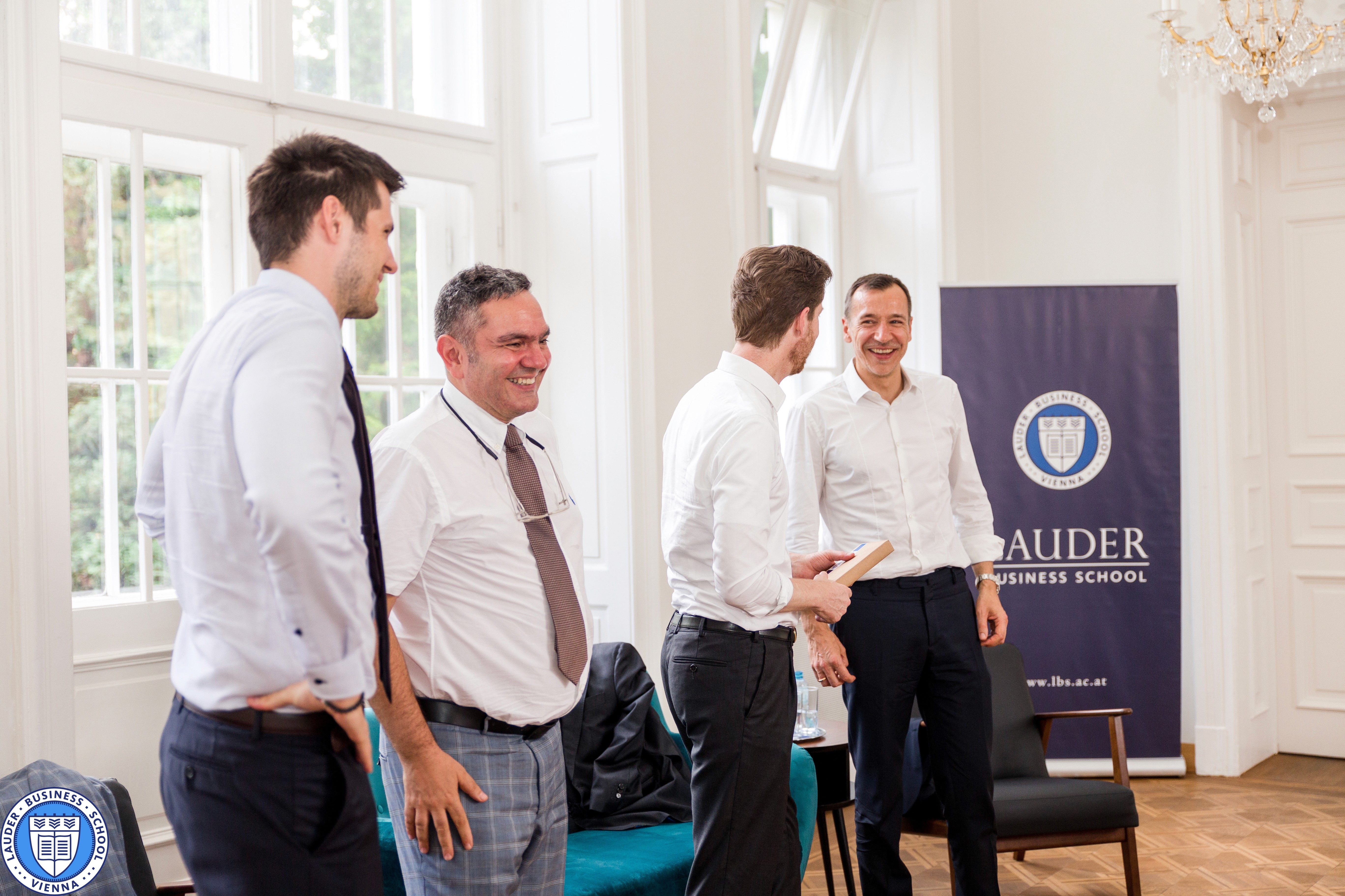 CEO of Austrian Airlines , Dr. Alexis von Hoensbroech speaks to LBS students together with Dr. Tamas Csermely, Director of Graduate Studies at LBS, Mr. Alexander Zirkler, Executive Director at LBS, and Prof. (FH) Julius Dem, Director of Studies for the Bachelor´s program at LBS