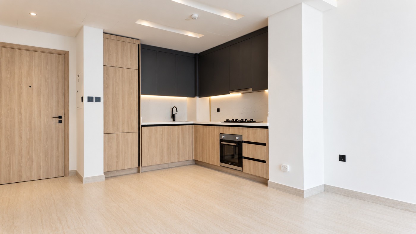 Empty kitchen and dining area on handover