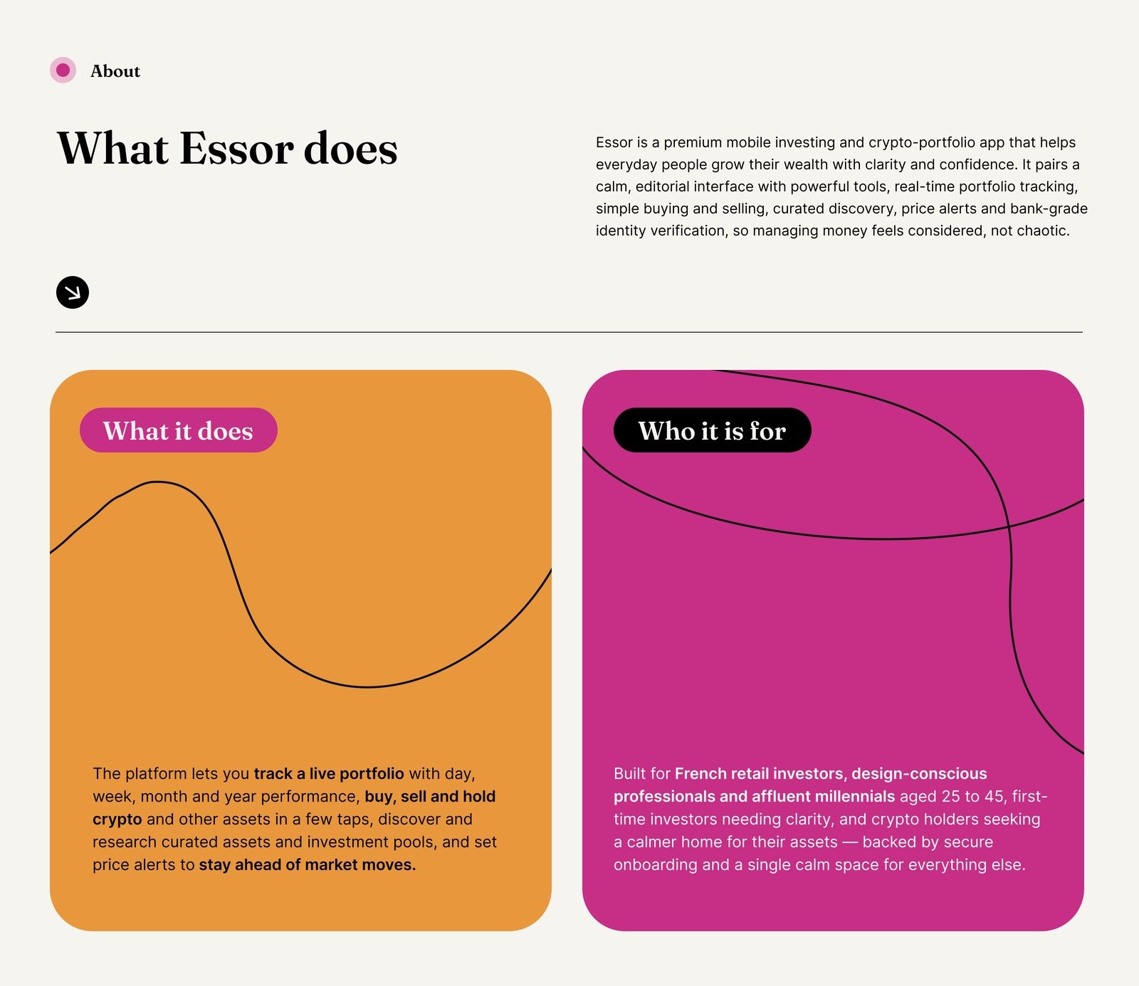What Essor does, split into what it does and who it is for