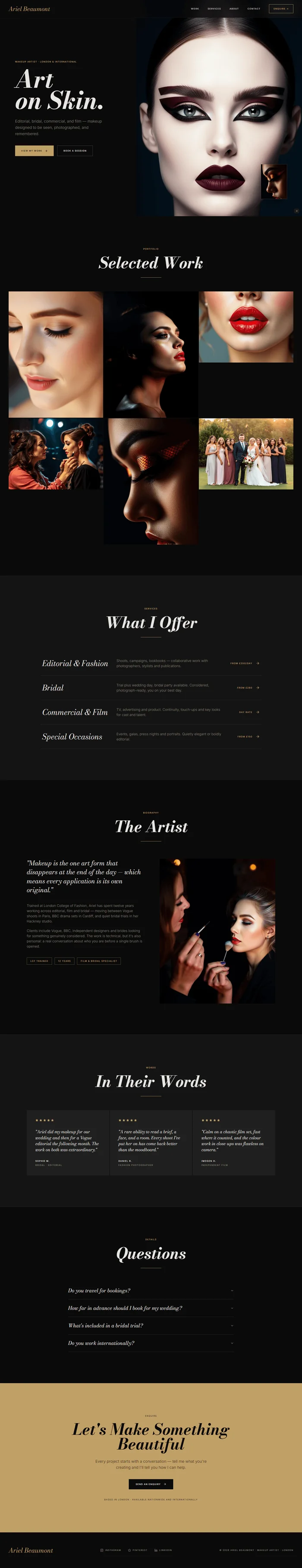 Makeup artist website prompt full preview — near-black #0a0a0a background with warm gold #c9a55a accent and warm pearl text, Bodoni Moda 700 italic editorial hero headline with directional gradient over right-side full-bleed beauty portrait, floating 120x160px portfolio crop at bottom-right animated from scale 0.8, six-image masonry portfolio grid with dark work-type hover label overlays, and four hover-raise service rows with gold right-aligned pricing