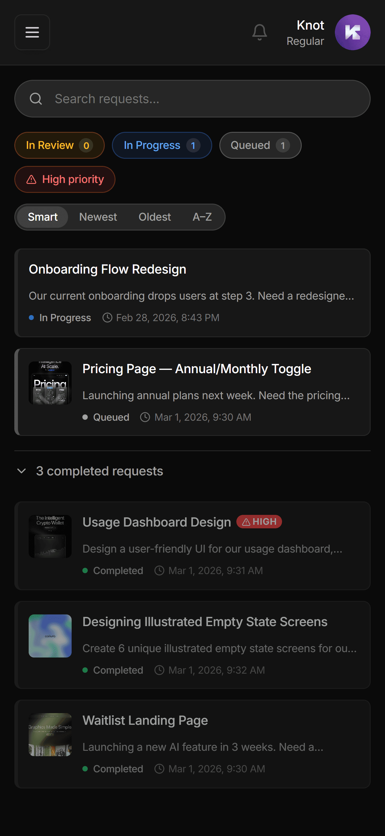 Knot Platform dashboard showing active design requests including an onboarding flow redesign and pricing page update, with request status filters for in-review, in-progress, and queued — design subscription software for startups