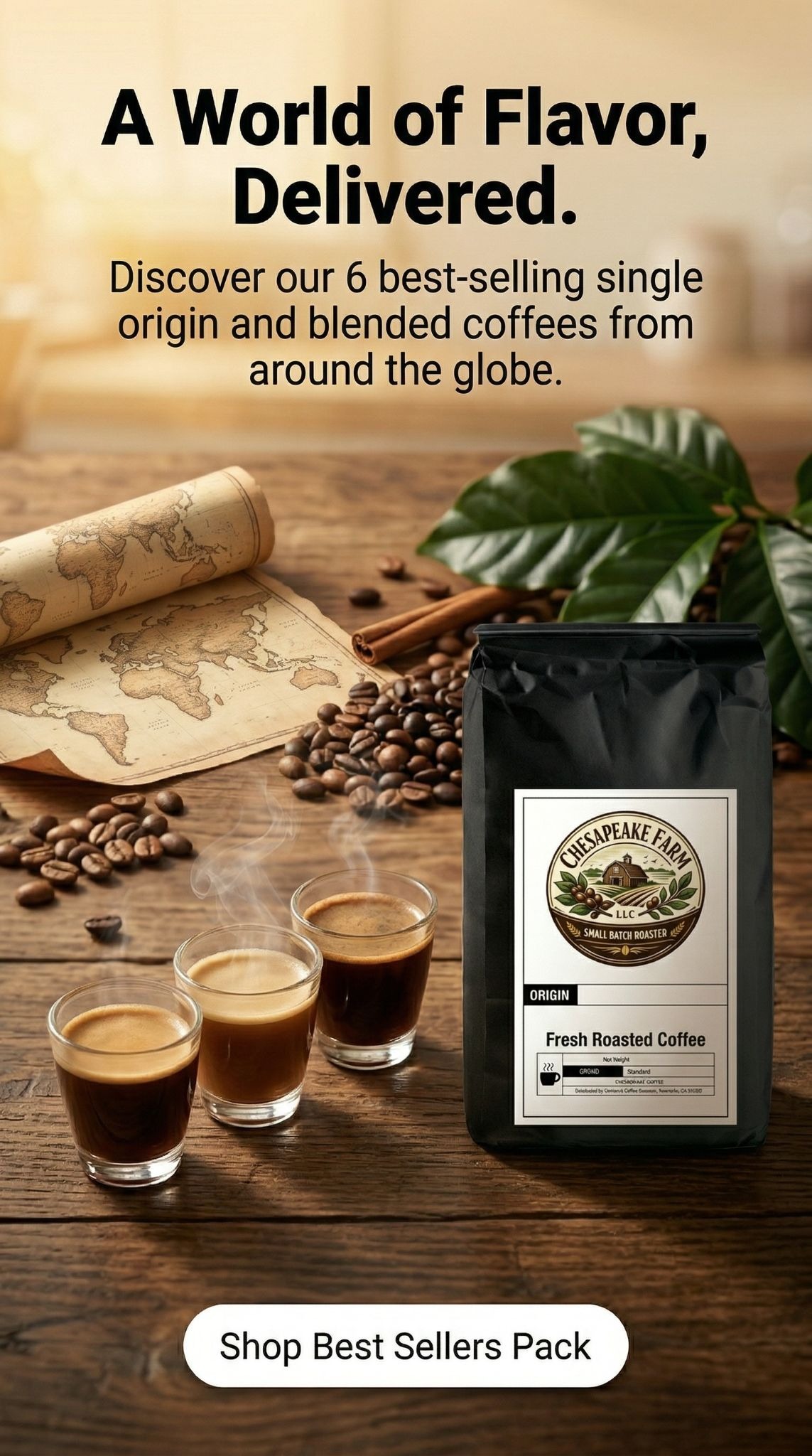 A rustic coffee scene with a steaming coffee bag labeled "Fresh Roasted Coffee," three espresso cups, scattered beans, and an old world map. Warm, inviting atmosphere.