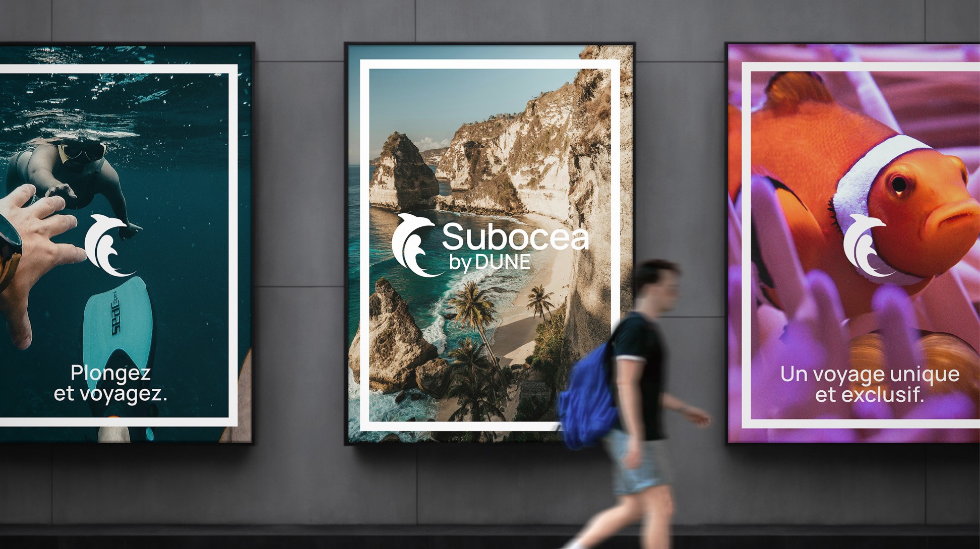Affiches publicitaires urbaines Subocea by Dune : photo plongeur, destination voyage, poisson clown.