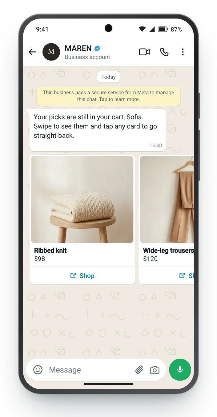 Carousel of the cart items: WhatsApp cart reminder on an Android phone