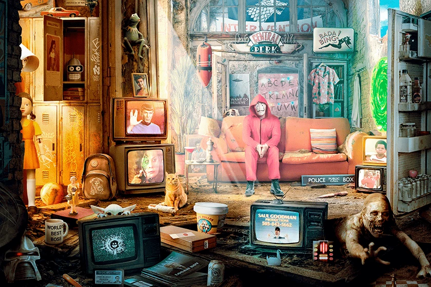 Décor d'un jeu PopCorn Garage, un salon abandonné rempli de références de séries TV à retrouver.